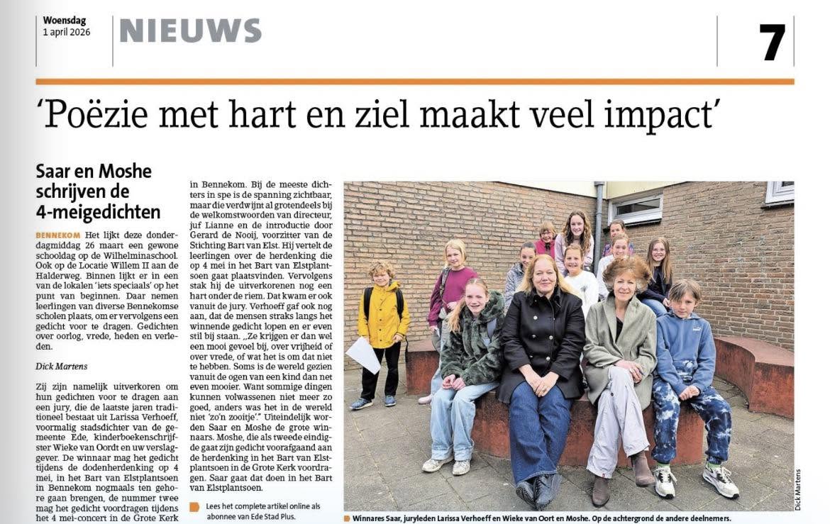 Krantenartikel over 4 mei dichtwedstrijd met Larissa als jurylid